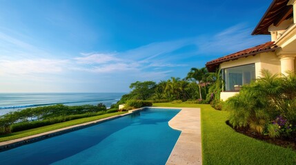 Fototapeta premium Serene coastal villa with a stunning pool overlooking the ocean and lush greenery