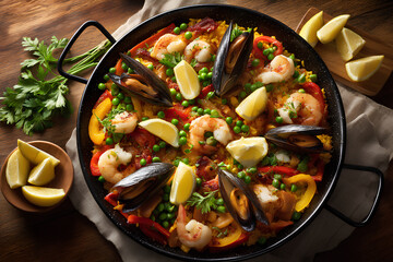 Overhead view of paella pan with vibrant seafood, saffron rice, and peppers, symbolizing Spanish Mediterranean tradition