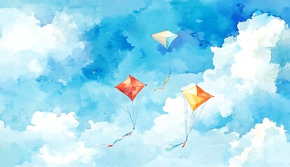 Colorful kites soar through a vibrant sky filled with fluffy clouds