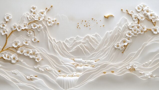 Elegant white floral mountain landscape wall decor.  Delicate blossoms and gold accents create a serene scene of mountains, valleys, and a flowing waterfall - Powered by Adobe