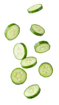 Falling cucumber slice isolated on transparent background