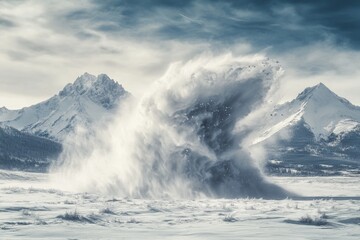 Powerful winter storm erupts in a snowy mountain valley.  Vast, icy landscape, fierce blizzard, snow swirling violently around a central point
