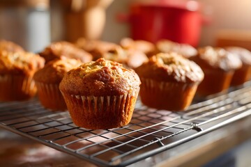 Fresh Batch of Homemade Muffins Cooling on a Wire Rack in Cozy Kitchen Setting with Warm Lighting