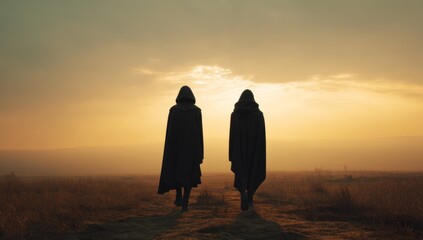 Hooded Figures Journey Across Serene Sunset Landscape,  Mysterious Path Towards Golden Horizon,  Solitary Walk at Dusk