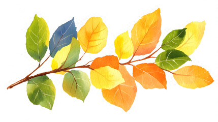 A branch with leaves that are orange and yellow isolated on a transparent background