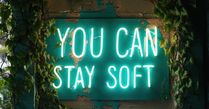 Naklejki Glowing sign you can stay soft in teal and cream neon mounted above crumbling wall covered in ivy with afternoon light cutting through leaves