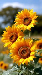 Obraz premium Three vibrant sunflowers in a field under a partly cloudy sky