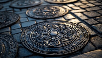 Ornate metal covers on a cobblestone street.  Detailed, decorative circular covers set into a paved surface