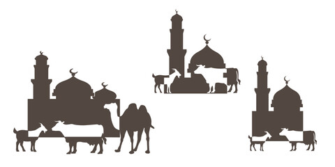 Eid al-Adha collection of mosque silhouettes and animals, goats, cows and camels. Vector illustration