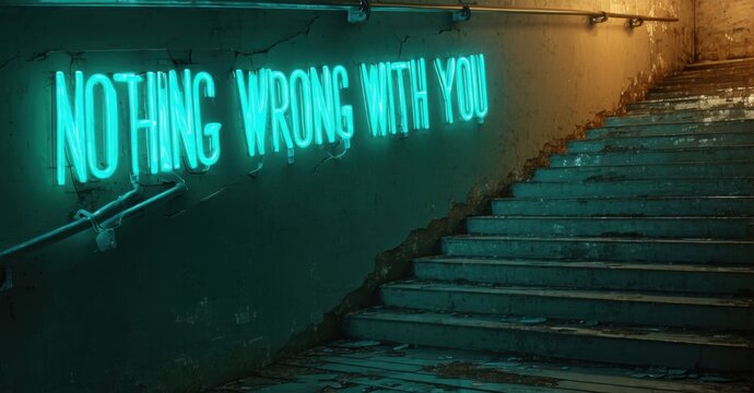 Naklejki Glowing teal neon nothing wrong with you in heavy font glowing above stairwell with creaking steps and worn out wallpaper