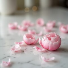 Obraz premium Delicate pink peony flowers scattered on marble surface 