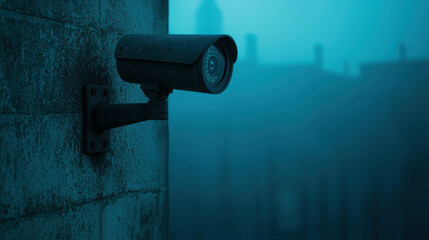 Surveillance Camera on a Foggy Urban Street with Mysterious Atmosphere and Low Light Conditions