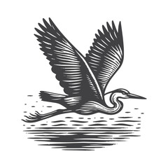 Fototapeta premium Vintage Hand-Drawn Heron Flying Over Water Illustration – Bird Engraved Style Vector for T-Shirts, Posters, Stickers, and Wildlife Apparel