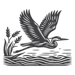 Fototapeta premium Vintage Hand-Drawn Heron Flying Over Water Illustration – Bird Engraved Style Vector for T-Shirts, Posters, Stickers, and Wildlife Apparel