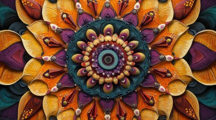 Intricate colorful mandala design with layered petals and geometric patterns.