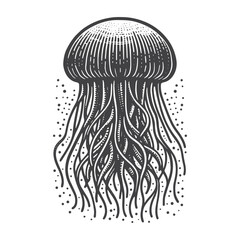 Vintage Hand-Drawn Jellyfish Side View Illustration – Ocean Creature Engraved Style Vector for T-Shirts, Posters, Stickers, and Marine Apparel
