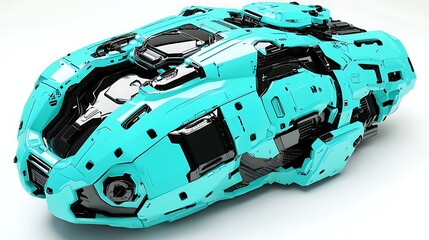 Mint-green futuristic vehicle with intricate mechanical design.