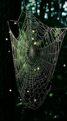 Glowing Spiderweb in Dark Woods