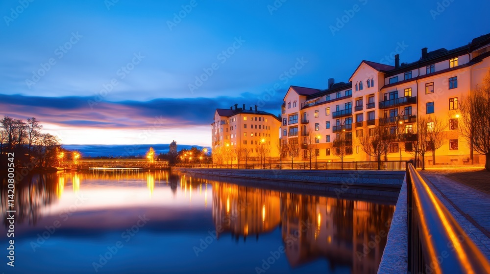 Wall mural serene twilight view of illuminated building along a calm river reflecting the sky