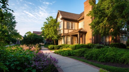 Beautiful suburban house surrounded by vibrant gardens and a clear blue sky at sunset