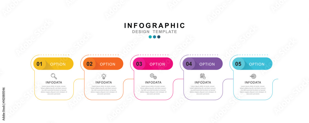 Fototapete Modern template infographic with 5 step process and icons can be used for workflow, business information, presentation and data visualization
