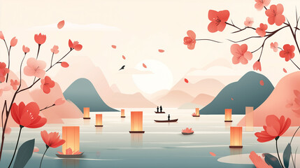 Lunar New Year Festive Lake Scene