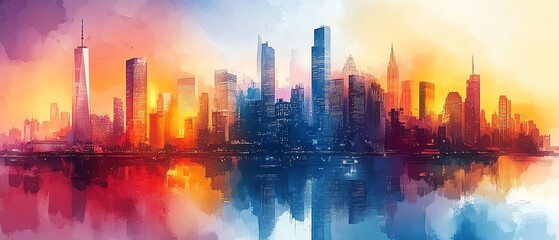 Vibrant watercolor cityscape at sunset, reflecting in water.  Modern architecture, urban scene.
