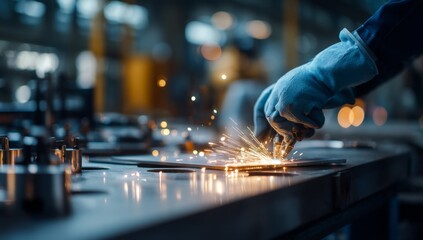 Obraz premium Welding Metal: Precision Sparks, Industrial Fabrication, Metalworking Techniques, Safety Gear, Manufacturing Processes, Expert Craftsmanship, Hot Metal, Intense Heat, Precise Cuts, Factory Setting