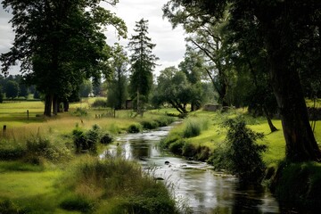 Tranquil Countryside Scene with Flowing River Surrounded by Lush Greenery and Trees on a Calm Day
