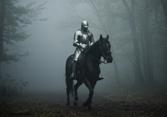 Fototapeta premium Knight rides horse in foggy forest, sword raised, shield gleaming. Enchanting mist swirls amid ancient trees, creating an aura of mystery and adventure.