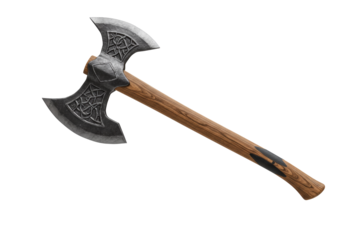 Double-Edged Battle Axe with Intricate Design and Wooden Handle on Transparent Background