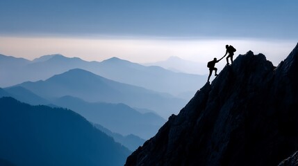 Two climbers ascend a mountain peak, hands helping each other