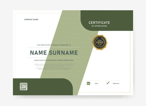 Stylish certificate template featuring curved green layout, patterned background, and QR code area. Suitable for award, appreciation, or course completion certificates.