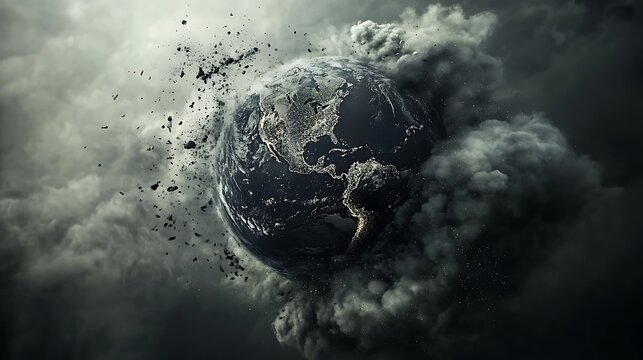 Dark Exploding Earth Surrounded by Clouds and Debris in Space