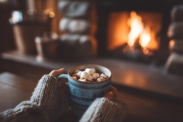 Cozy Winter Scene with Person Enjoying Cup of Hot Cocoa with Marshmallows by a Warm Fireplace