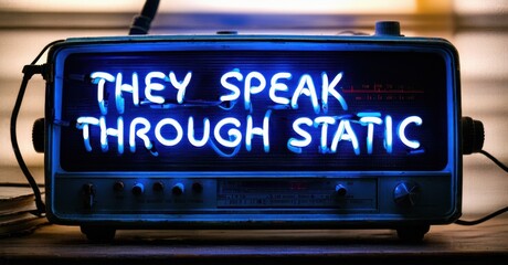 Obraz premium Neon they speak through static sign glowing weakly on old radio deep navy and bright silver symbolizing eerie transmissions
