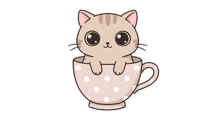 Fototapeta premium Cute cartoon cat with large, round eyes sits inside a pink teacup with polka dots, paws resting on the edge.