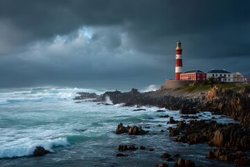 Naklejka premium Majestic Lighthouse on Rocky Coastline Under Dramatic Sky with Waves Crashing Against the Shoreline