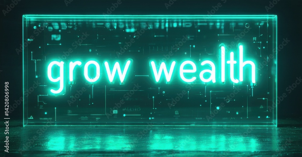 Poster bright neon sign displays grow wealth over digital circuit pattern. reflective surface below creates