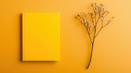 Bright Yellow Book with Minimalistic Design and Dry Branch on Orange Background