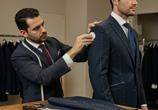 A man in a suit fitting shop, surrounded by racks of shirts and suits, carefully examines his reflection in a full-length mirror, adjusting his tie with a focused expression.