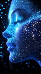 Sparkling Blue Glitter Makeup on Model with Cosmic Glow Effect