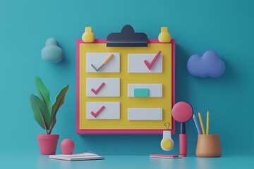 Colorful 3D Taskboard with Checklist, Plants and Office Supplies