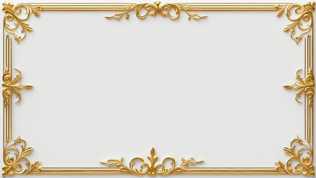 AI Generative. Elegant white background with luxurious gold ornamental borders. Simple gold flourishes in all four corners and along the top and bottom, with a vintage style. 6