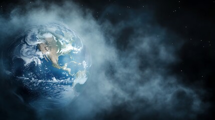 Earth in Space with Clouds and Stars in a Dark Cosmic Background