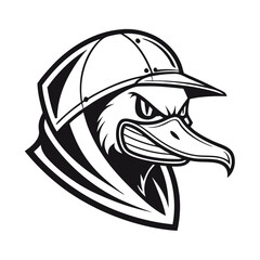 Close-up black and white illustration of a stylized duck head wearing a metal helmet, conveying a fierce and angry expression.