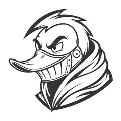 Close-up black and white illustration of a stylized duck head wearing a metal helmet, conveying a fierce and angry expression.