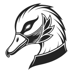 Close-up black and white illustration of a stylized duck head wearing a metal helmet, conveying a fierce and angry expression.
