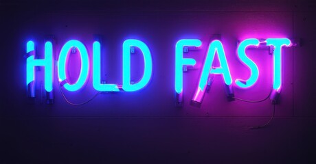 Powerful hold fast neon in blue and magenta glowing on brushed steel with high detail reflections and soft flickers