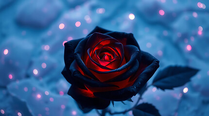 beautiful black rose flower in the icy background, majestic, intriguing, created by generative ai